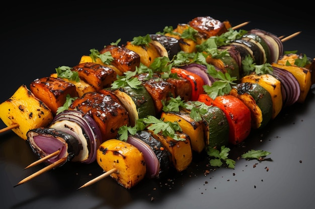 Vector grilled pork shish or kebab on skewers with vegetables food background shashlik or chicken skewers