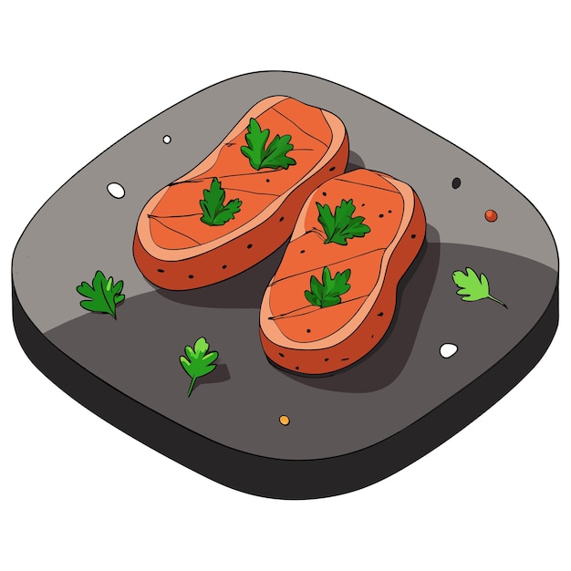 Vector grilled pork steaks with herbs and spices on stone table from above view