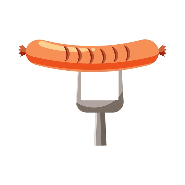 Grilled sausage on a fork icon in cartoon style isolated on white background