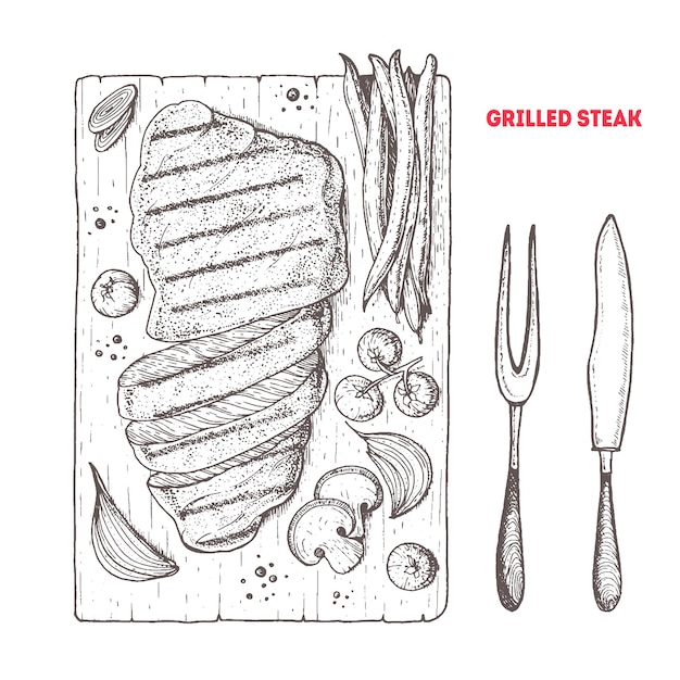 Grilled steak vector sketch Meat dish illustration Barbecue meat and vegetables