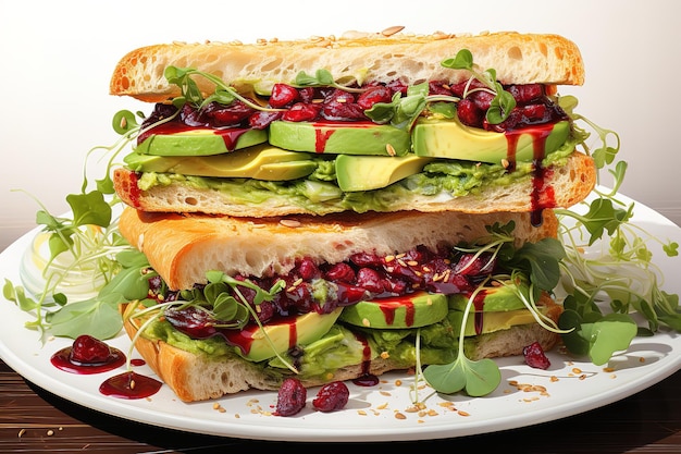 Grilled Tuna Sandwich on plate with onion olives and pomegranate