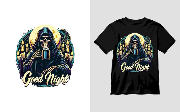 Grim reaper cloaked skeleton drinking a mug of black coffee light candles Good Night tattoo TShirt