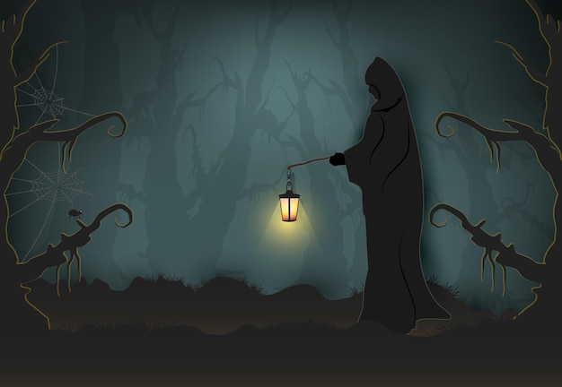 Grim reaper in dark forest Halloween paper art background