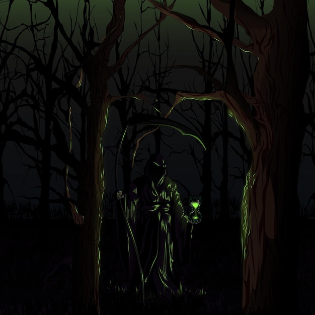 the grim reaper in a dark forest