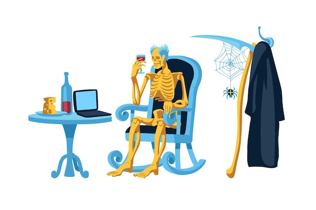 The Grim Reaper has retired. Relax on the weekend. Skeleton watches movies online.