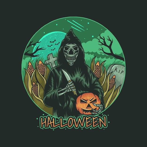 Grim Reaper holding pumpkin and knife in cornfield on Halloween