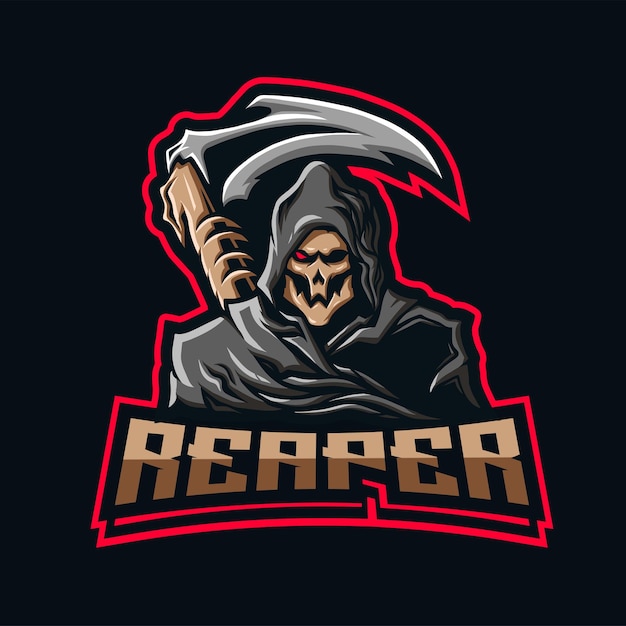 Grim reaper mascot with scythe in the behind.