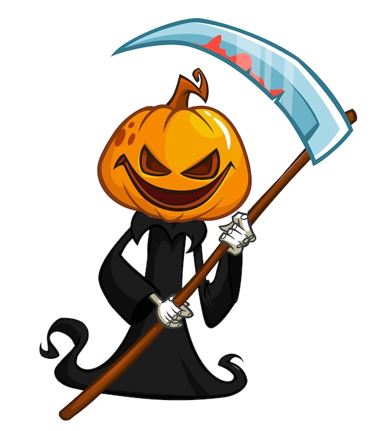 Grim reaper pumpkin head cartoon character with scythe Halloween jack o lantern illustration design for party invitation or poster Vector scarecrow