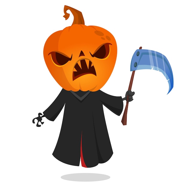 Grim reaper pumpkin head cartoon character with scythe Halloween jack o lantern illustration design for party invitation or poster Vector scarecrow