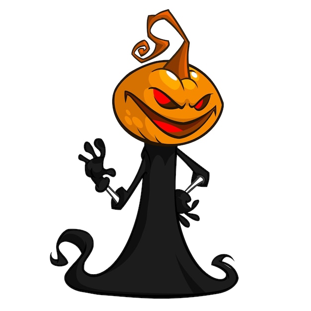 Grim reaper pumpkin head cartoon character with scythe Halloween jack o lantern illustration design for party invitation or poster Vector scarecrow