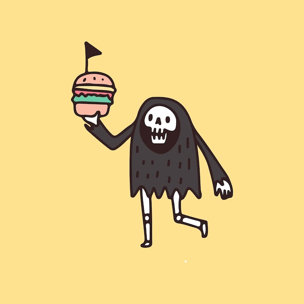 Grim Reaper Skull with burger, illustration for t-shirt, poster, sticker.