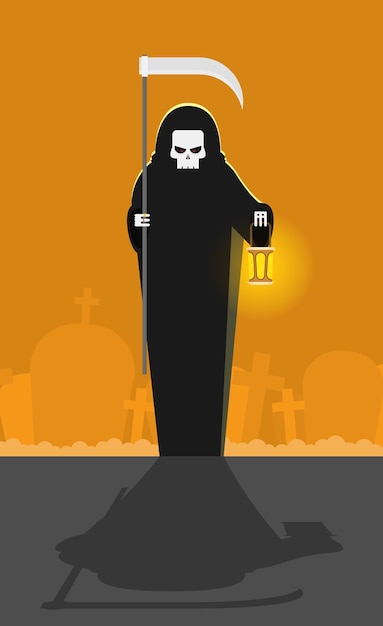 Grim reaper with a scythe an a lantern Halloween character flat illustration