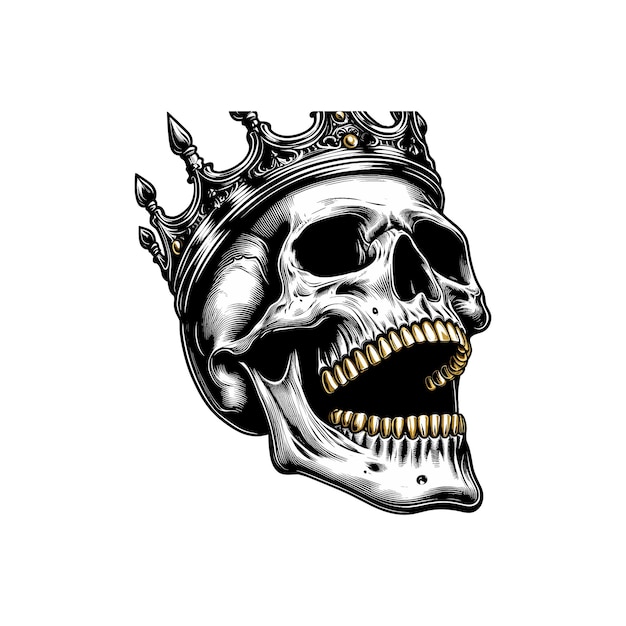 Vector grinning skull with gleaming gold crown and golden teeth vector illustration