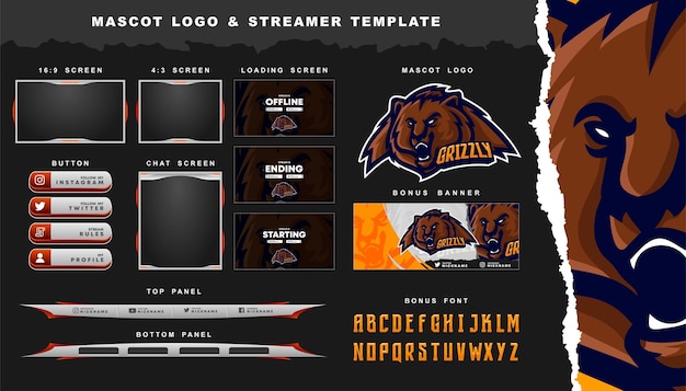 Grizzly Bear mascot logo and twitch overlay template Premium Vector