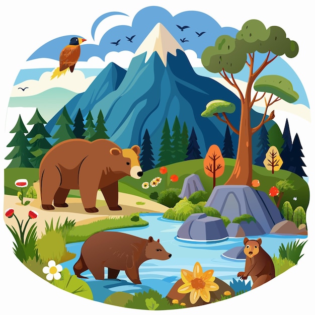 Grizzly Bears by a River in a Mountainous Landscape