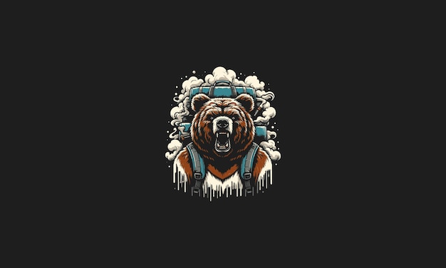 grizzly wearing back pack with smoke vector artwork design