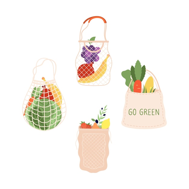 Grocery bags. Shopping food bag, organic supermarket shop packaging. Fresh fruits vegetables market packs, vegetarian cabbage banana grape vector illustration. Cabbage and fruit, onion pepper in bag