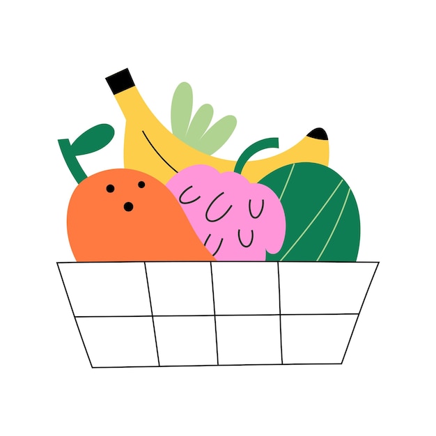 Grocery basket with tropical fruit mango grapes banana watermelon in shopping cart isolated vector