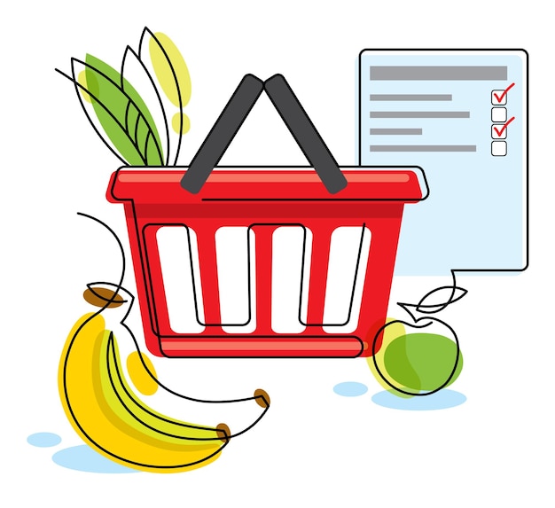 Grocery basket with vegetables and fruits shopping list banana and apple