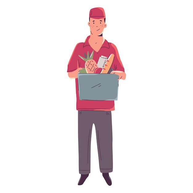 Grocery deliveryman vector cartoon character isolated on a white background