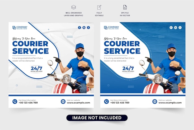 Grocery and food delivery service promotion template vector with blue and white colors Modern courier service social media post vector Home delivery service web banner design with photo placeholders