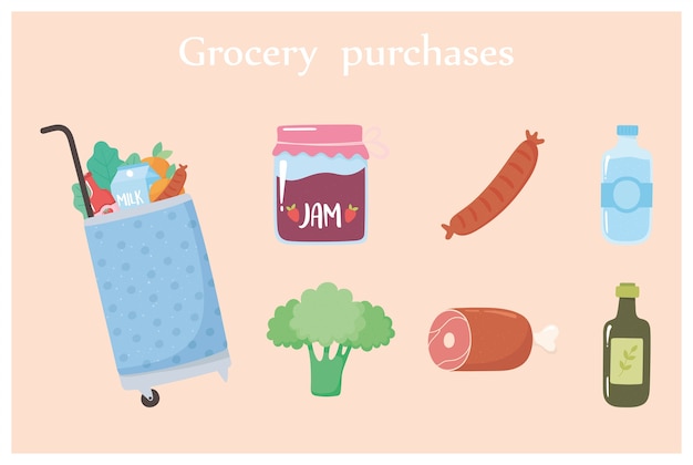 Grocery purchases cart with food include jam broccoli water and more