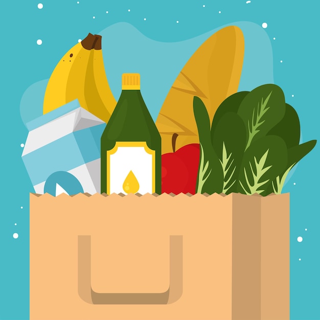 Grocery shopping bag with food icon set on blue background