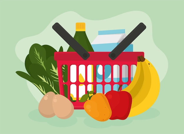 Grocery shopping basket with food icon collection on green background