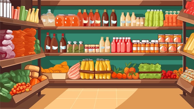 Vector grocery store shelves filled with products vertical vector background