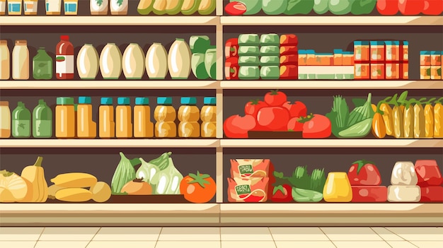 Vector grocery store shelves filled with products vertical vector background