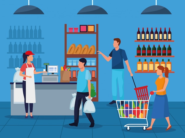 Vector grocery stores with people characters