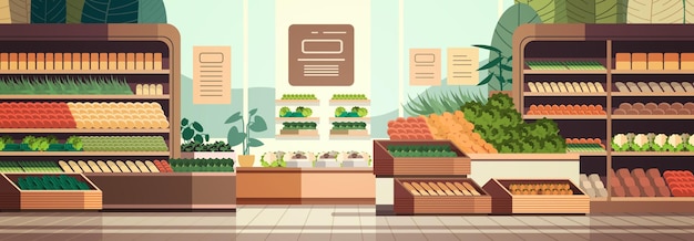 grocery supermarket with fresh vegetables and fruits on shelves retail consumerism concept modern market store interior horizontal vector illustration