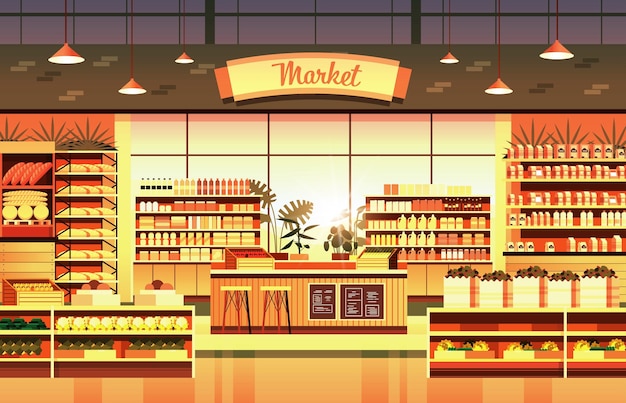 Grocery supermarket with products shelves retail consumerism concept modern market store interior