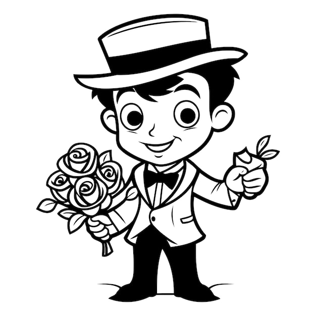 Groom with roses Black and White Cartoon Illustration Vector