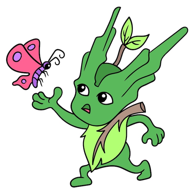 Groot cute little kid playing with butterfly, doodle draw kawaii. illustration art