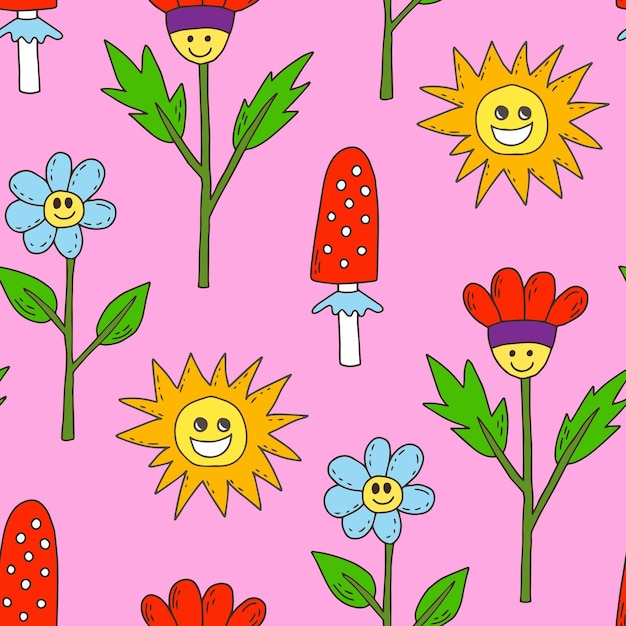 Groovy 70s seamless pattern with nature elements