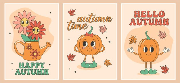 Vector groovy autumn fall card poster set with cute pumpkins and sayings cartoon characters in retro style