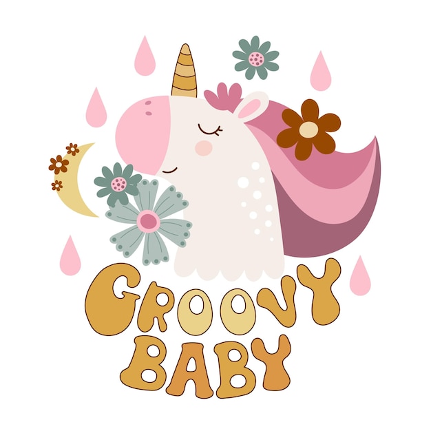 Groovy baby Cartoon unicorn flowers hand drawing lettering dcor elements