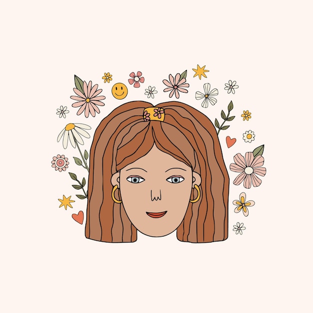 Groovy baby Girl brown hair retro hippie style for Tshirt posters cards Girl face portrait retro 70s style girl's face surrounded by flowers