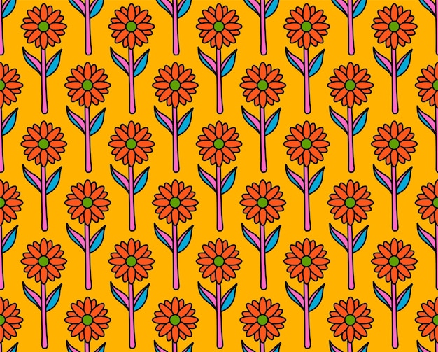 Groovy background Seamless bright repeat pattern of simple blooming flowers in 1970s psychedelic hippie style graphic decor ornament in retro design vector illustration