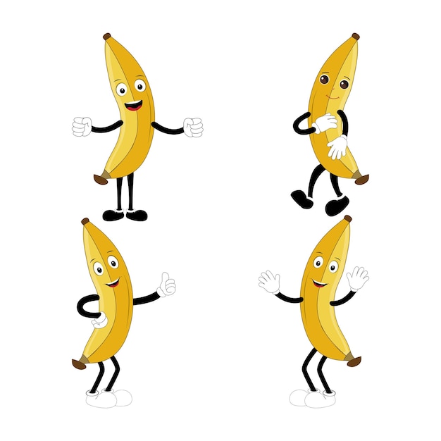 Vector groovy banana set funny cartoon trendy retro style fruit character ripe banana and banana peel