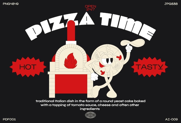 Groovy cartoon character pizza illustration fast food italian food typography poster