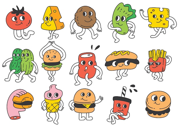 Groovy Cartoon Collection of Junk Food Retro Style Illustrations with Cheerful Characters