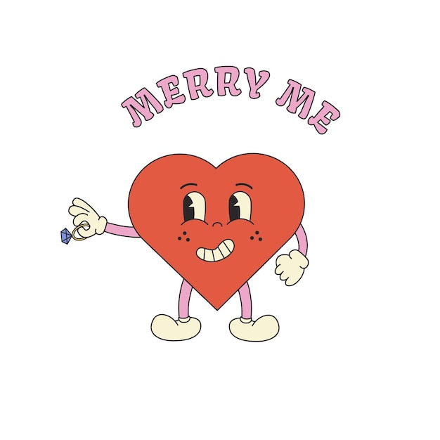 Groovy cartoon heart character Love concept template Valentines day vector illustration Merry me Love mascot Poster greeting card sticker print background