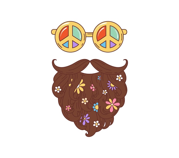 Vector groovy cartoon retro hippie sunglasses with beard