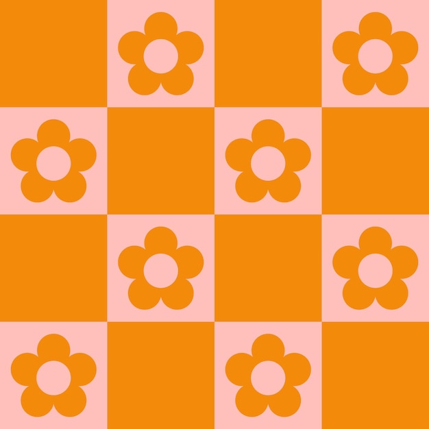 Groovy checkerboard and daisy flowers seamless pattern geometric vector background in s hippie retro