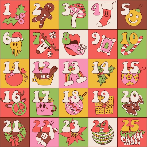 Groovy christmas advent calendar with hand drawn retro hippie elements xmas square poster linear vec