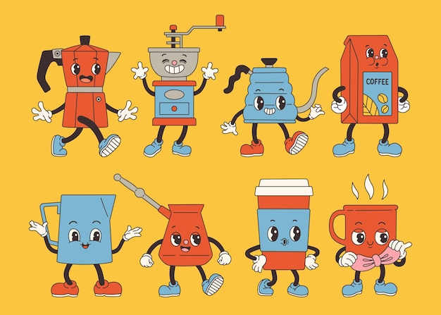 Vector groovy coffee set character old classic cartoon style. retro mascot vintage coffee character vector