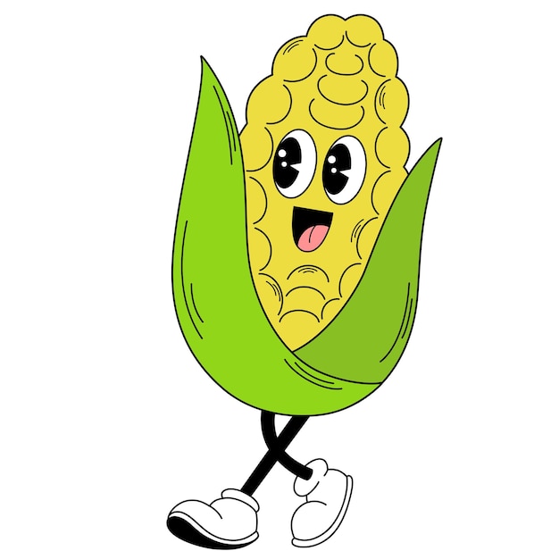 Groovy corn vegetable Hand draw Funny Retro vintage trendy style vegetable cartoon character