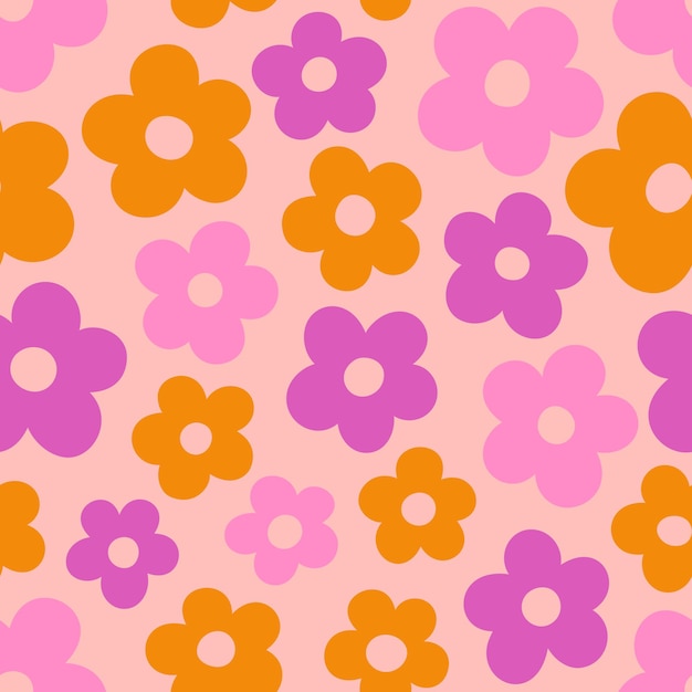 Groovy daisy flowers seamless pattern floral vector background in s hippie retro style